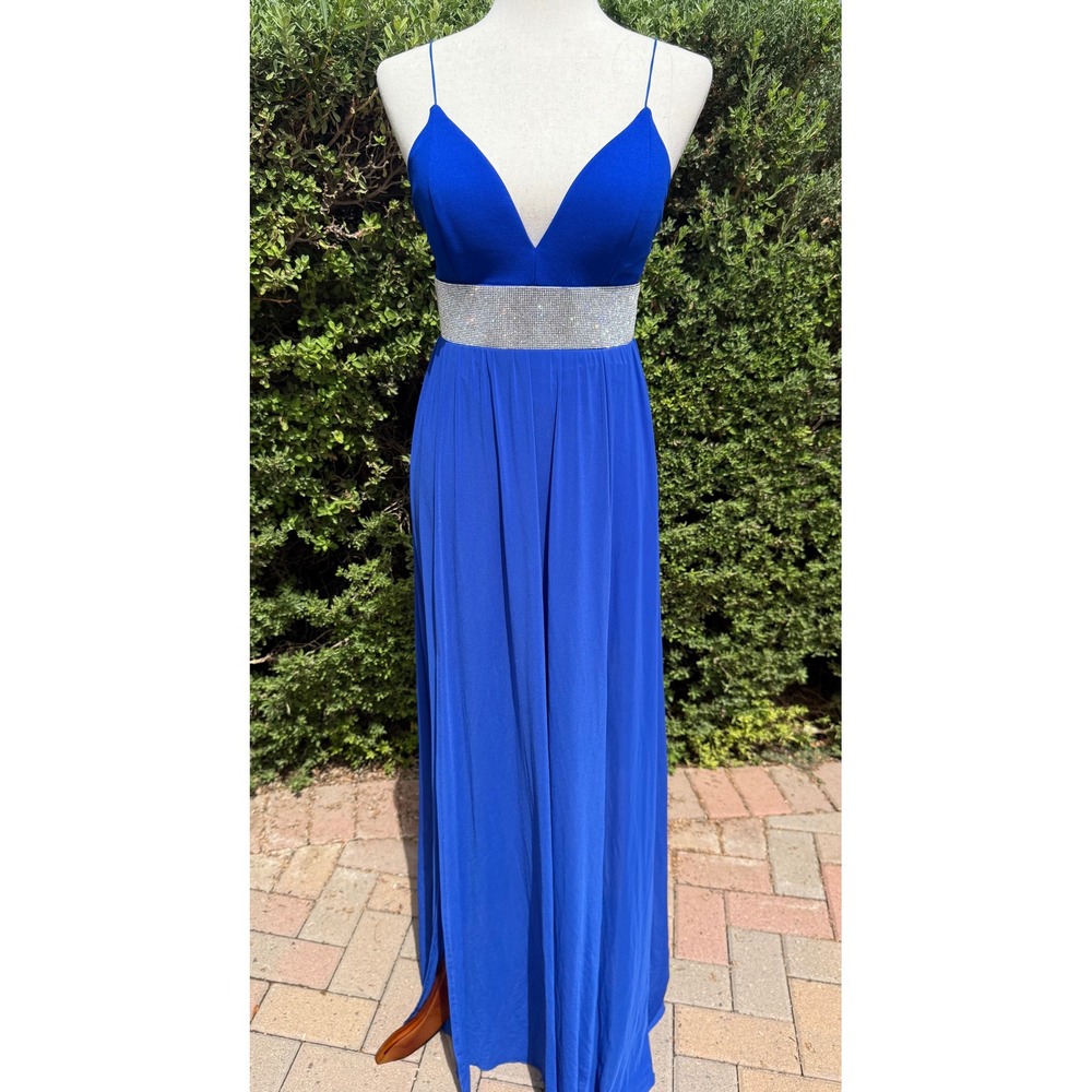 Royal Blue V-Neck Maxi Dress Rhinestone Waist High Slit Formal Gown Prom Evening